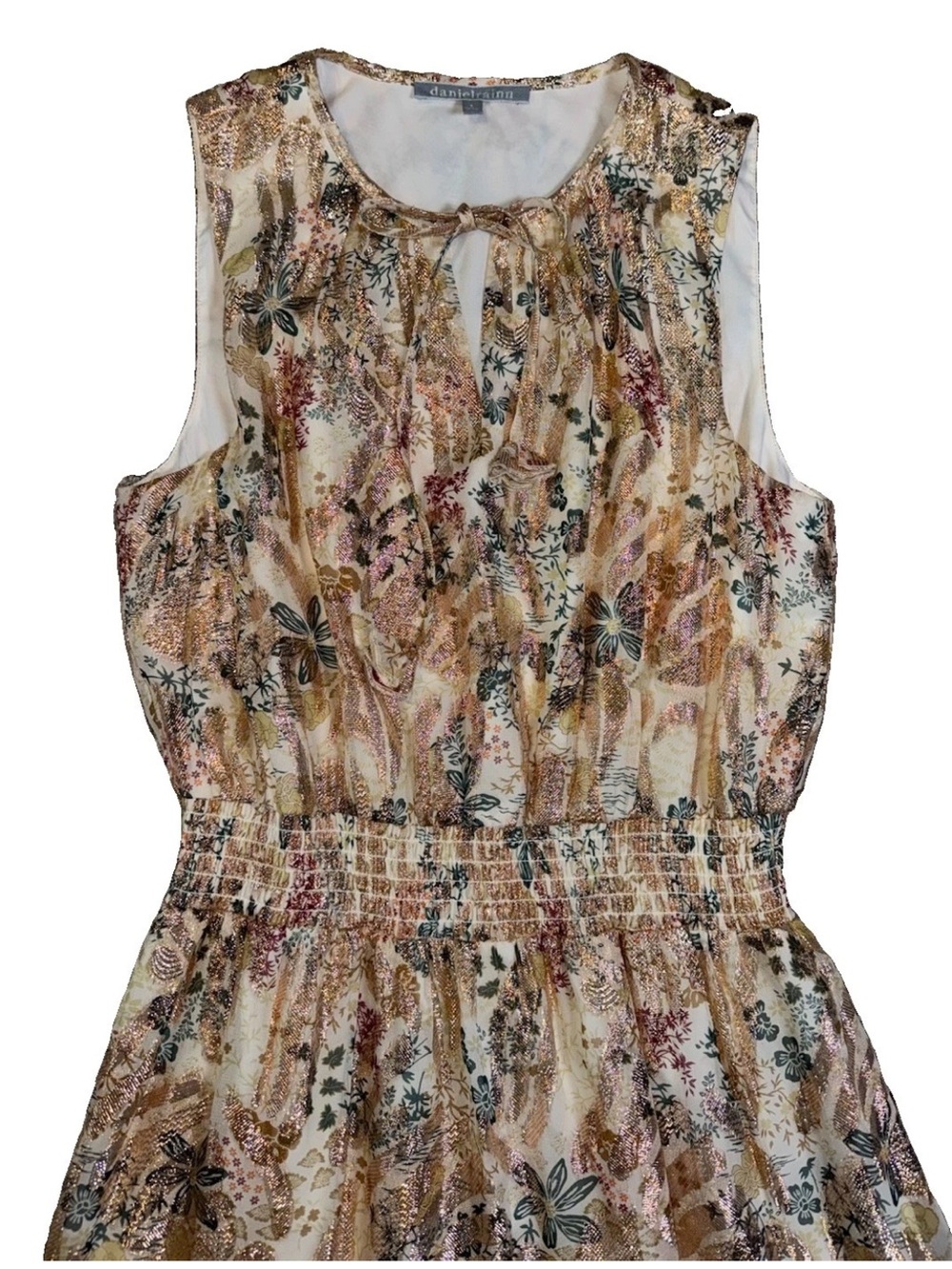 Daniel Rainn Eileen Sleeveless Maxi Dress Gold Floral Lurex Smocked Waist S - Picture 3 of 16